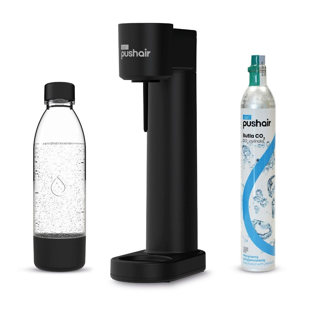 Saturateur d'eau Dafi PUSHAIR noir avec siphon + cartouche de CO2 + bouteille de 0,7 L